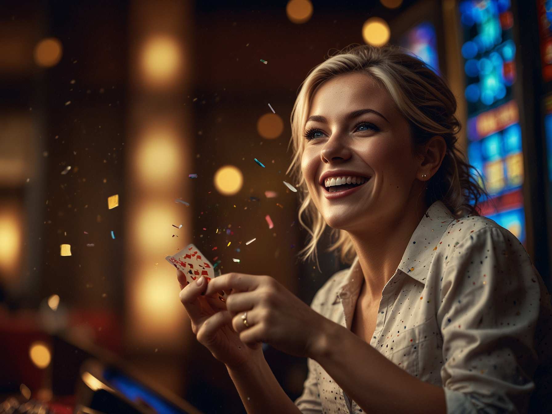 Joyful player celebrating a casino win with confetti